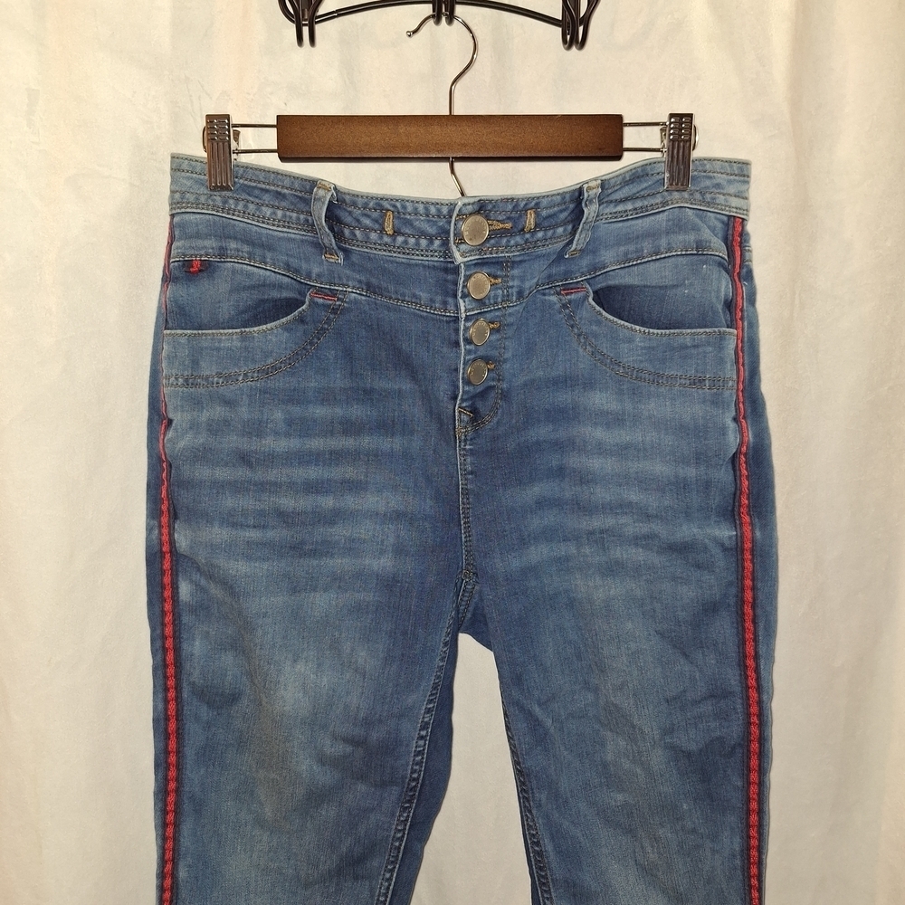 Red and Blue Skinny Jeans with Sporty Stripes